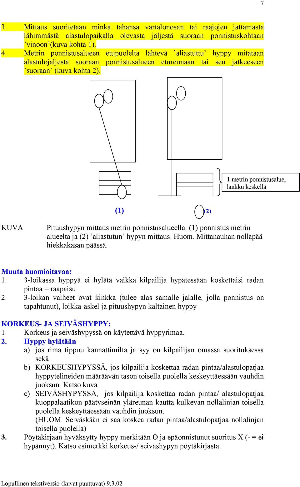 1 metrin ponnistusalue, lankku keskellä (1) (2) KUVA Pituushypyn mittaus metrin ponnistusalueella. (1) ponnistus metrin alueelta ja (2) aliastutun hypyn mittaus. Huom.