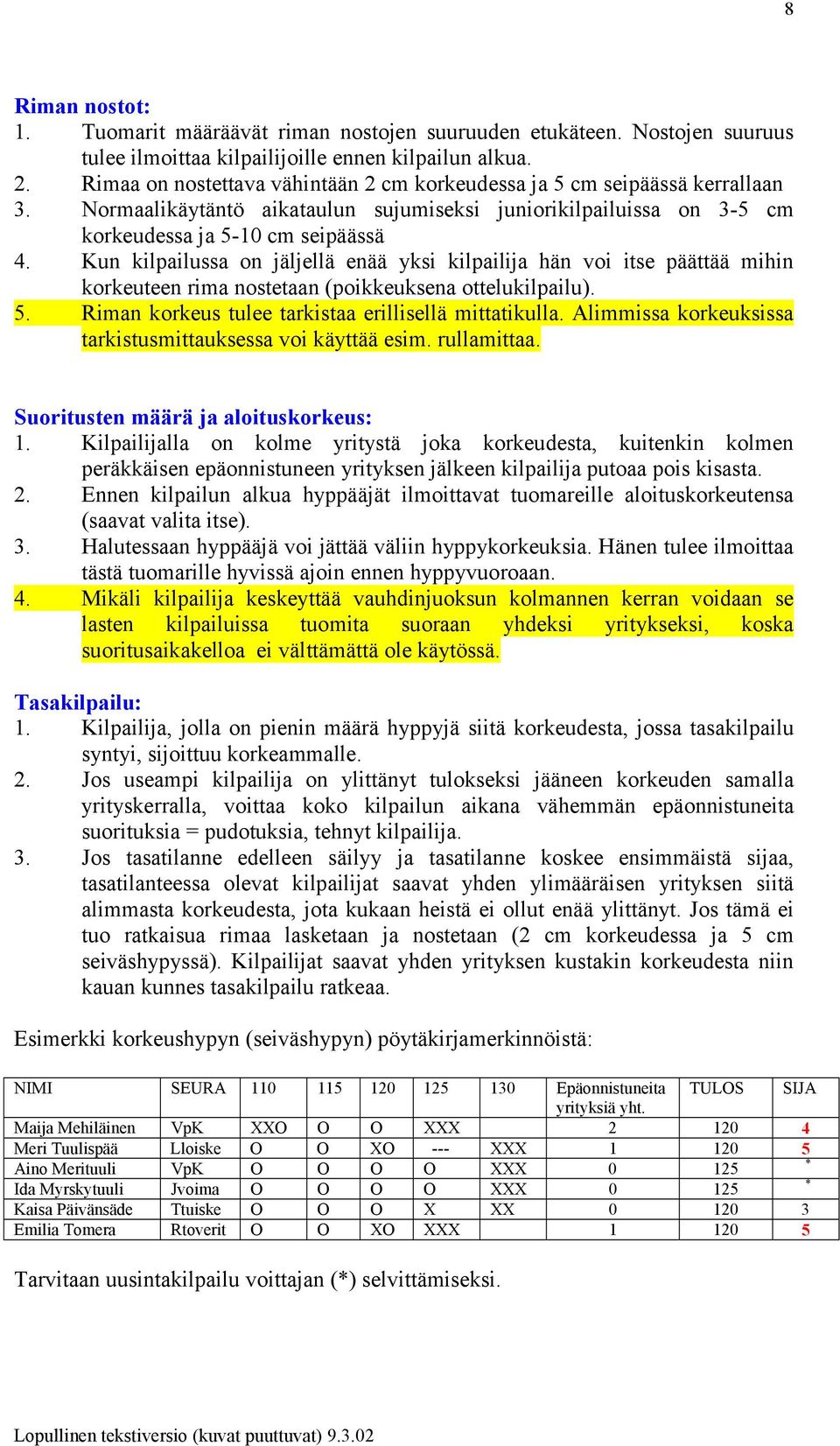 Kun kilpailussa on jäljellä enää yksi kilpailija hän voi itse päättää mihin korkeuteen rima nostetaan (poikkeuksena ottelukilpailu). 5. Riman korkeus tulee tarkistaa erillisellä mittatikulla.