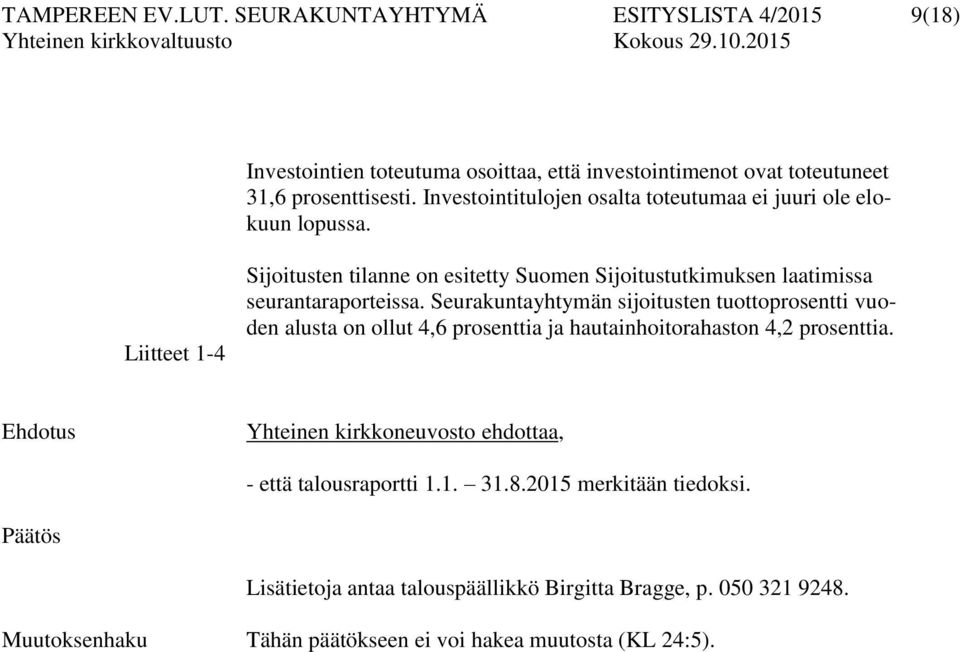 Seurakuntayhtymän sijoitusten tuottoprosentti vuoden alusta on ollut 4,6 prosenttia ja hautainhoitorahaston 4,2 prosenttia.