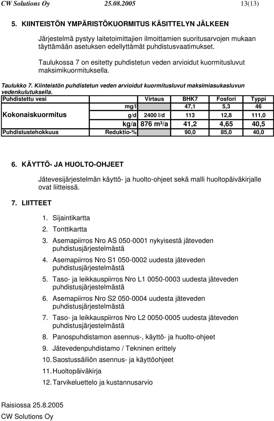 Taulukossa 7 on esitetty puhdistetun veden arvioidut kuormitusluvut maksimikuormituksella. Taulukko 7. Kiinteistön puhdistetun veden arvioidut kuormitusluvut maksimiasukasluvun vedenkulutuksella.