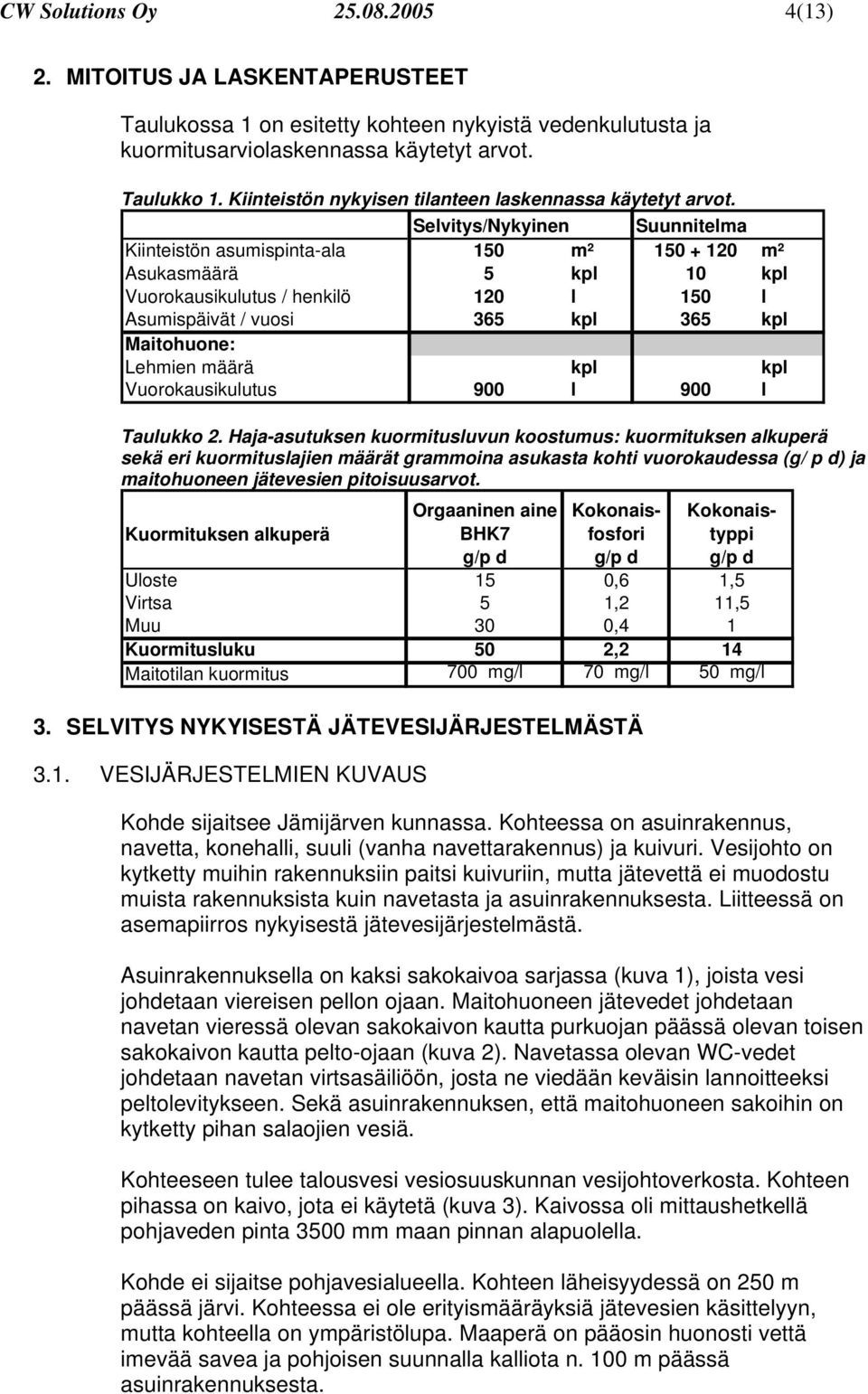 Selvitys/Nykyinen Suunnitelma Kiinteistön asumispinta-ala 150 m² 150 + 120 m² Asukasmäärä 5 kpl 10 kpl Vuorokausikulutus / henkilö 120 l 150 l Asumispäivät / vuosi 365 kpl 365 kpl Maitohuone: Lehmien