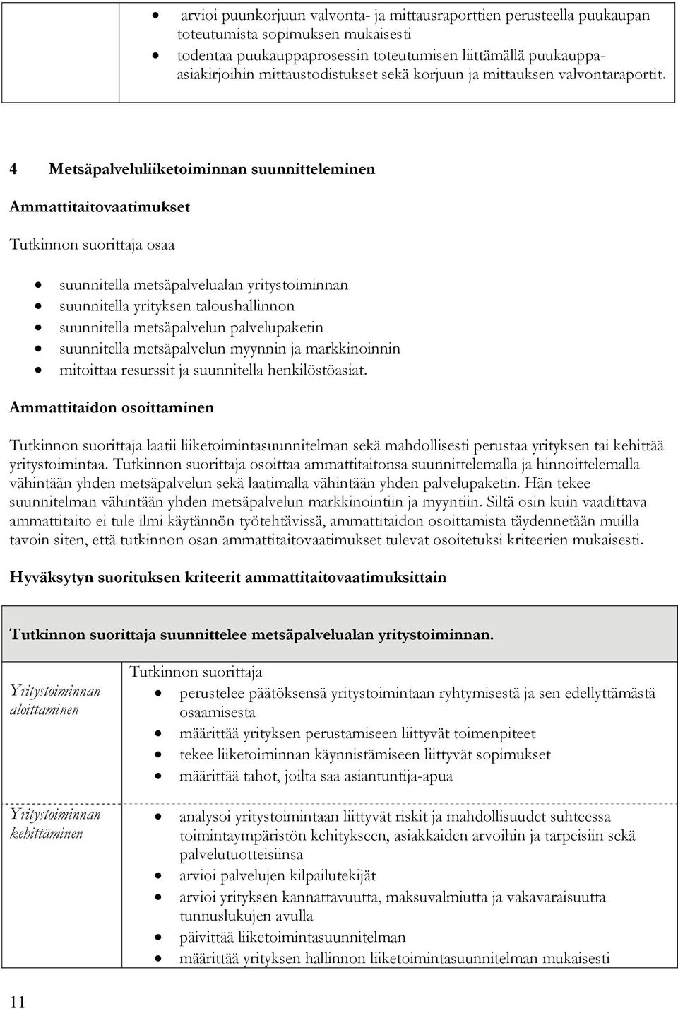 4 Metsäpalveluliiketoiminnan suunnitteleminen Ammattitaitovaatimukset osaa suunnitella metsäpalvelualan yritystoiminnan suunnitella yrityksen taloushallinnon suunnitella metsäpalvelun palvelupaketin