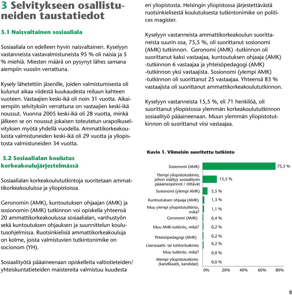 Vastaajien keski-ikä oli noin 31 vuotta. Aikaisempiin selvityksiin verrattuna on vastaajien keski-ikä noussut.