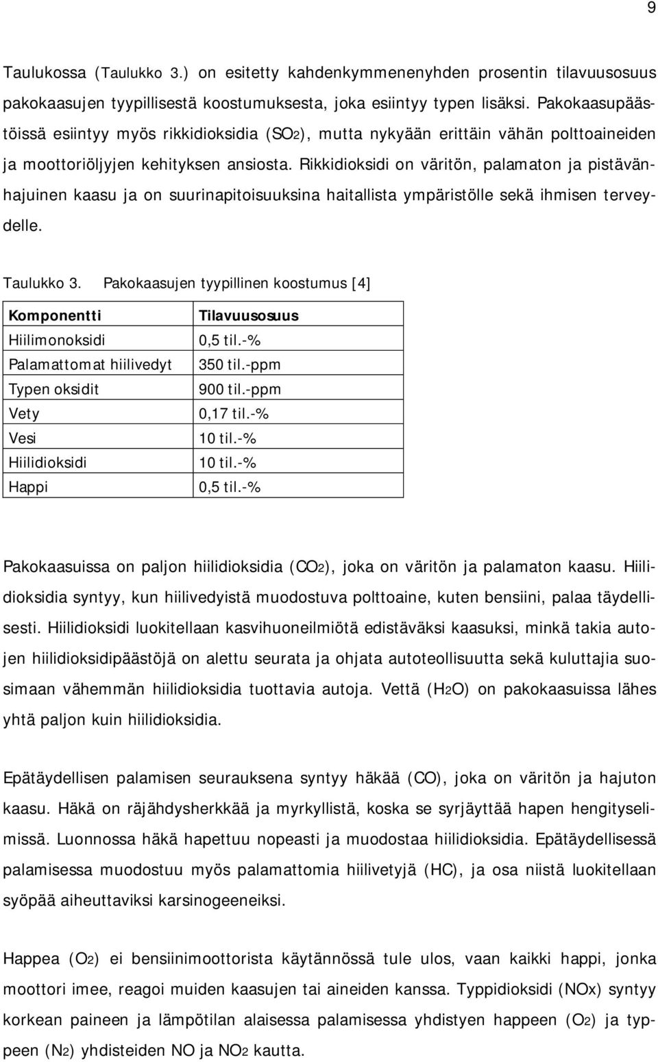 Rikkidioksidi on väritön, palamaton ja pistävänhajuinen kaasu ja on suurinapitoisuuksina haitallista ympäristölle sekä ihmisen terveydelle. Taulukko 3.