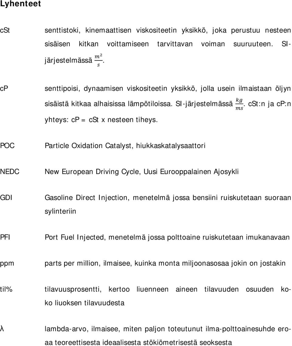 POC Particle Oxidation Catalyst, hiukkaskatalysaattori NEDC New European Driving Cycle, Uusi Eurooppalainen Ajosykli GDI Gasoline Direct Injection, menetelmä jossa bensiini ruiskutetaan suoraan