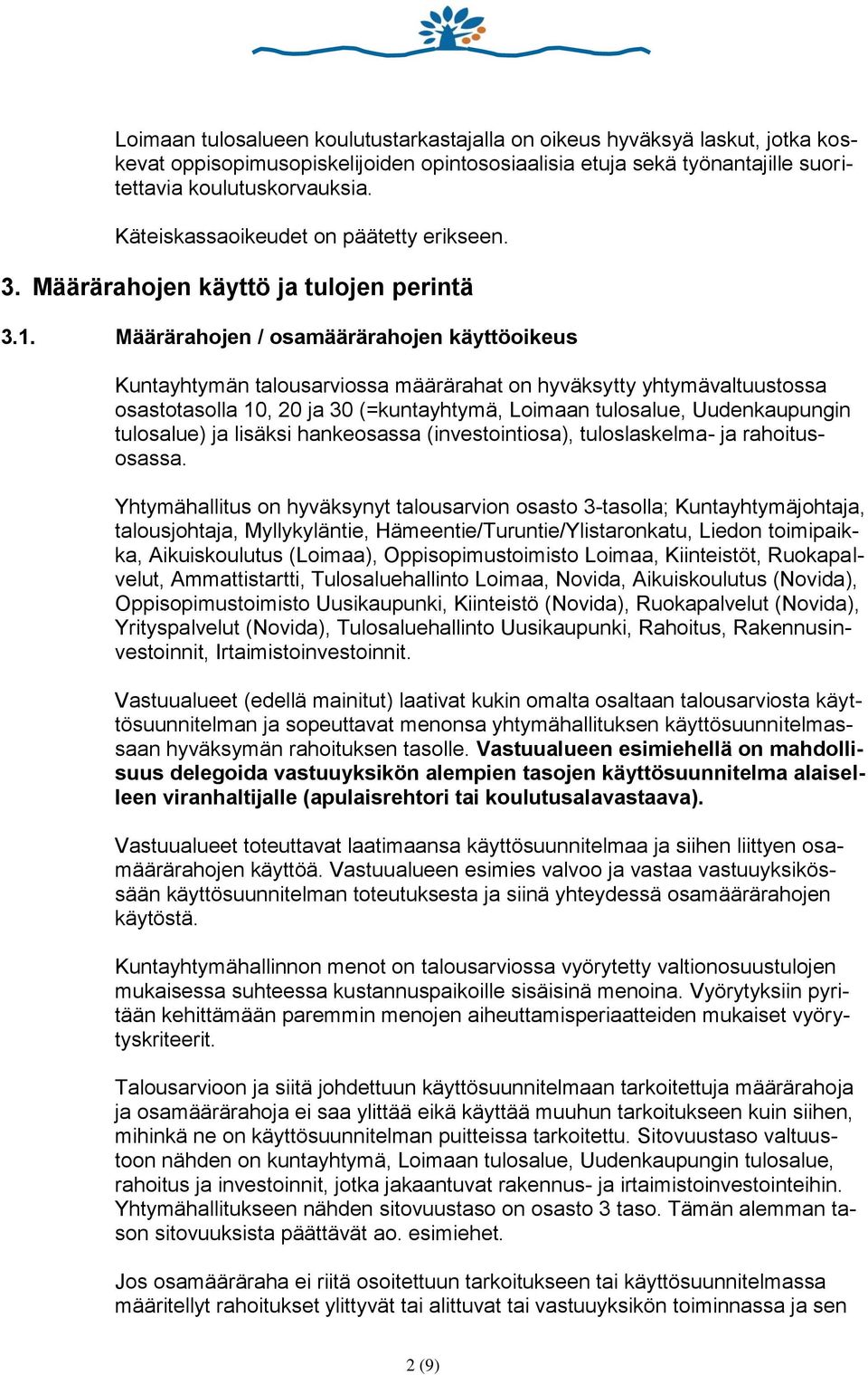 Määrärahojen / osamäärärahojen käyttöoikeus Kuntayhtymän talousarviossa määrärahat on hyväksytty yhtymävaltuustossa osastotasolla 10, 20 ja 30 (=kuntayhtymä, Loimaan tulosalue, Uudenkaupungin