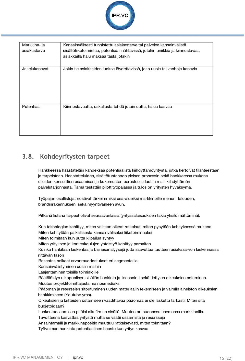 Kohdeyritysten tarpeet Hankkeessa haastateltiin kahdeksaa potentiaalista kiihdyttämöyritystä, jotka kertoivat tilanteestaan ja tarpeistaan.