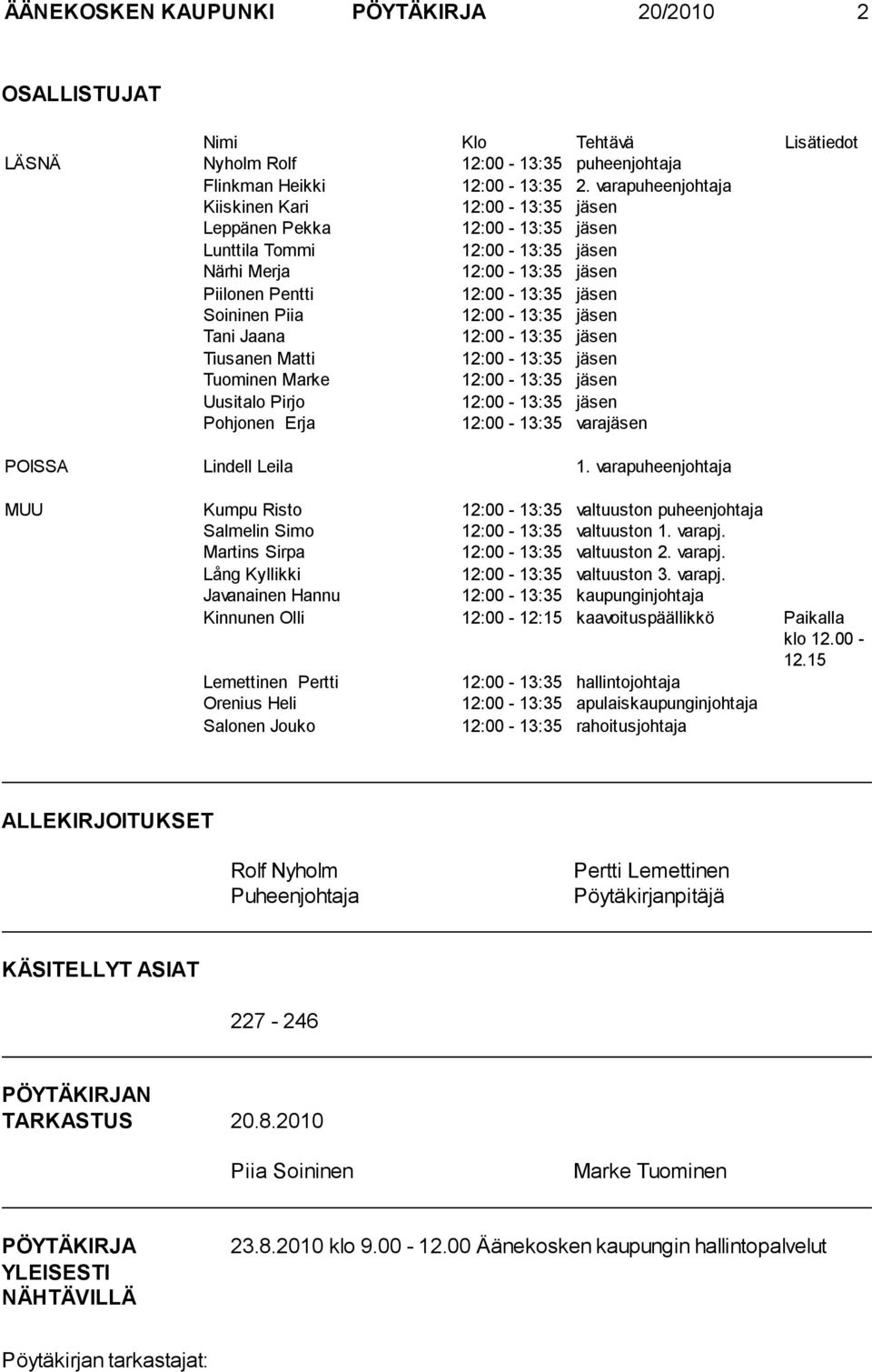 12:00-13:35 jäsen Tani Jaana 12:00-13:35 jäsen Tiusanen Matti 12:00-13:35 jäsen Tuominen Marke 12:00-13:35 jäsen Uusitalo Pirjo 12:00-13:35 jäsen Pohjonen Erja 12:00-13:35 varajäsen POISSA Lindell