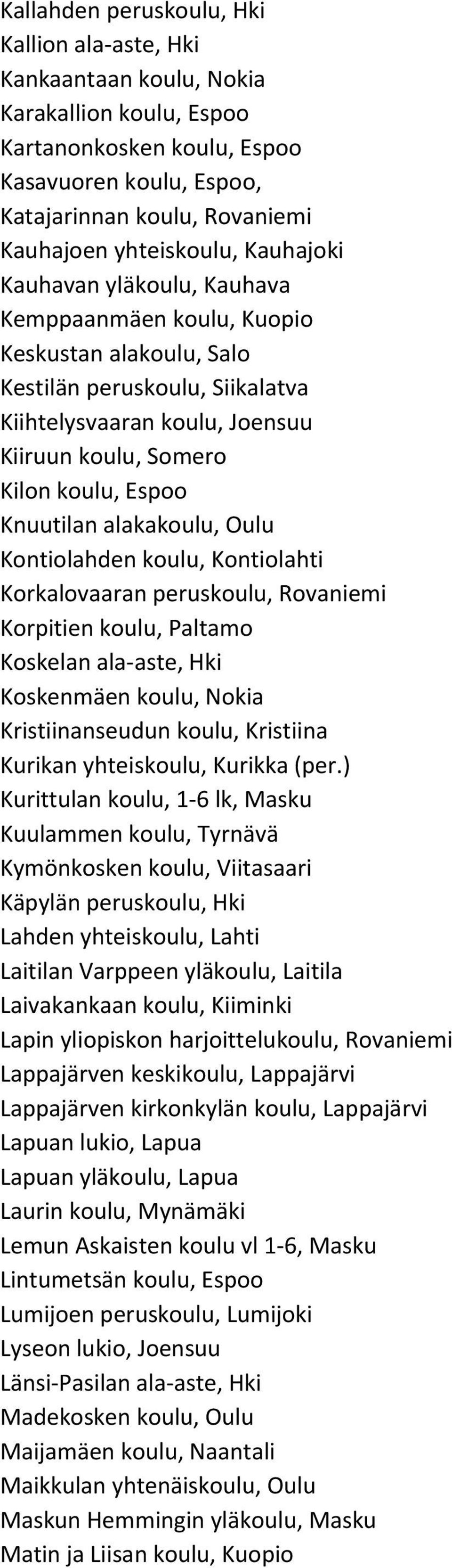 Espoo Knuutilan alakakoulu, Oulu Kontiolahden koulu, Kontiolahti Korkalovaaran peruskoulu, Rovaniemi Korpitien koulu, Paltamo Koskelan ala aste, Hki Koskenmäen koulu, Nokia Kristiinanseudun koulu,