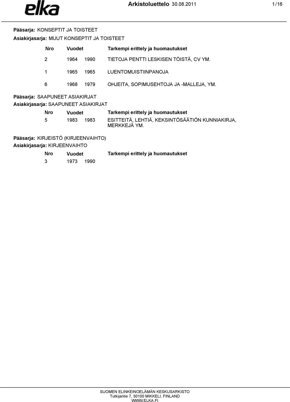 TIETOJA PENTTI LESKISEN TÖISTÄ, CV YM. 1 1965 1965 LUENTOMUISTIINPANOJA 6 1968 1979 OHJEITA, SOPIMUSEHTOJA JA -MALLEJA, YM.