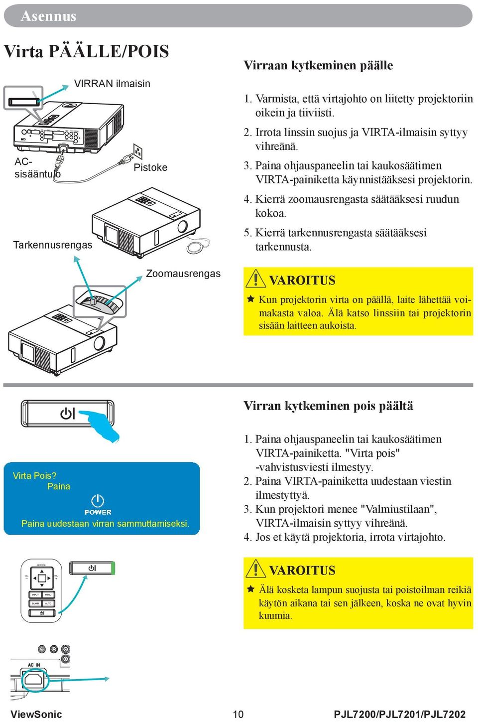 5. Kierrä tarkennusrengasta säätääksesi tarkennusta. VAROITUS Kun projektorin virta on päällä, laite lähettää voimakasta valoa. Älä katso linssiin tai projektorin sisään laitteen aukoista.