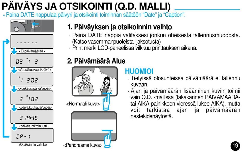 Päiväyksen ja otsikoinnin vaihto Paina DATE nappia valitaksesi jonkun oheisesta tallennusmuodosta.