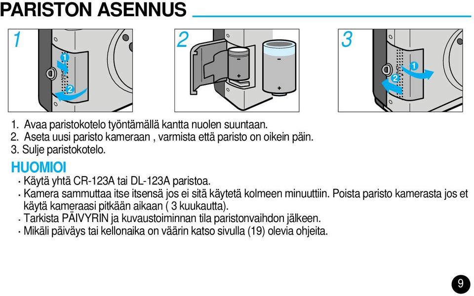 Kamera sammuttaa itse itsensä jos ei sitä käytetä kolmeen minuuttiin.