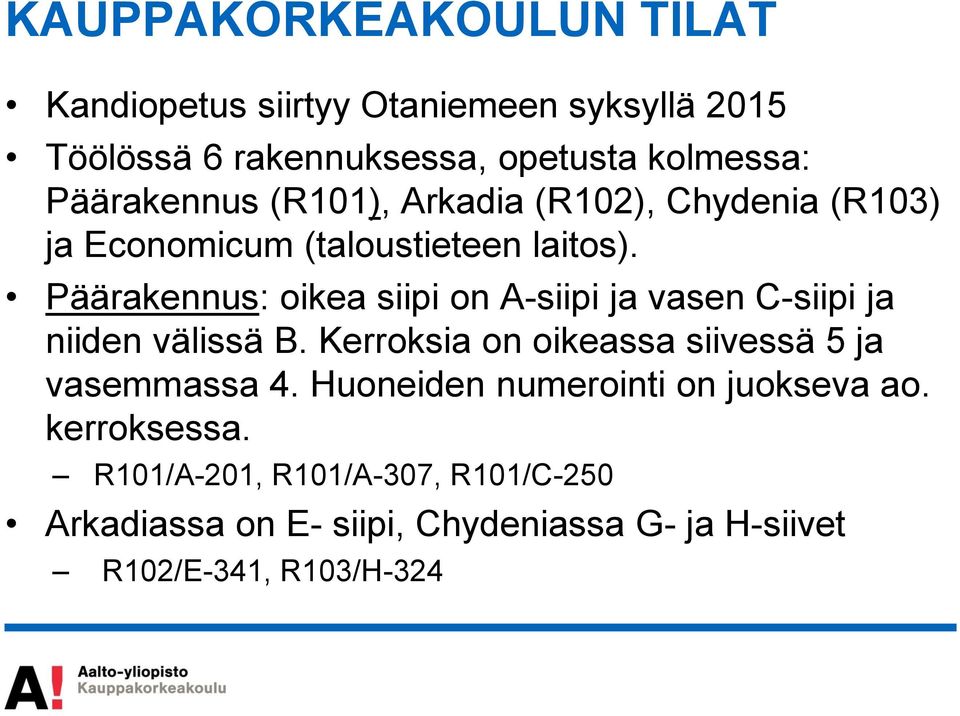 Päärakennus: oikea siipi on A-siipi ja vasen C-siipi ja niiden välissä B.