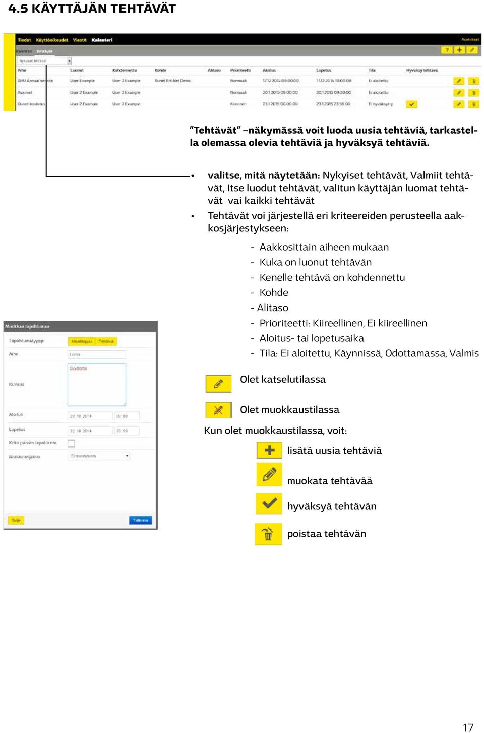 perusteella aakkosjärjestykseen: - Aakkosittain aiheen mukaan - Kuka on luonut tehtävän - Kenelle tehtävä on kohdennettu - Kohde - Alitaso - Prioriteetti: Kiireellinen, Ei