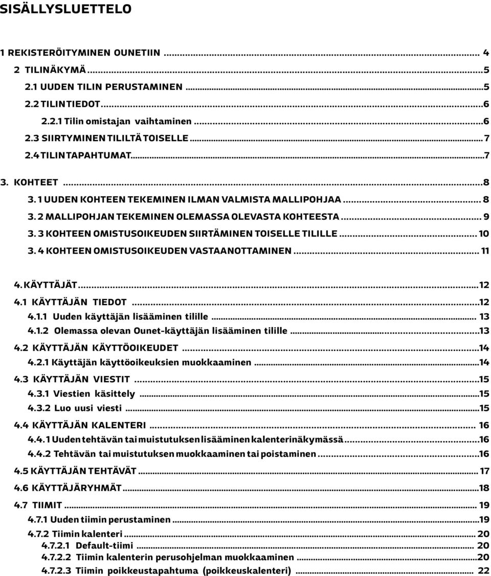 3 KOHTEEN OMISTUSOIKEUDEN SIIRTÄMINEN TOISELLE TILILLE... 10 3. 4 KOHTEEN OMISTUSOIKEUDEN VASTAANOTTAMINEN... 11 4. KÄYTTÄJÄT... 12 4.1 KÄYTTÄJÄN TIEDOT...12 4.1.1 Uuden käyttäjän lisääminen tilille.