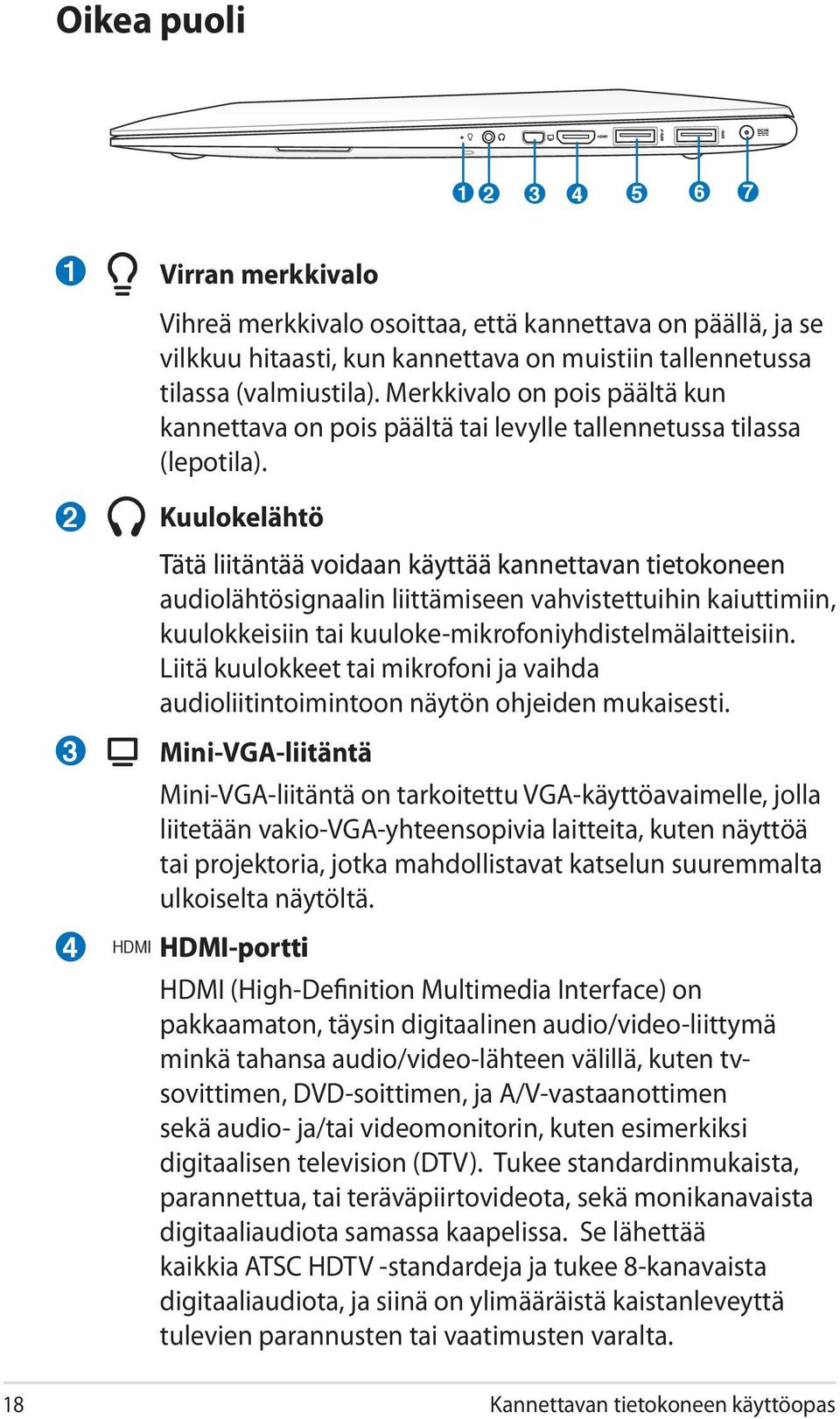 2 3 4 Kuulokelähtö Tätä liitäntää voidaan käyttää kannettavan tietokoneen audiolähtösignaalin liittämiseen vahvistettuihin kaiuttimiin, kuulokkeisiin tai kuuloke-mikrofoniyhdistelmälaitteisiin.