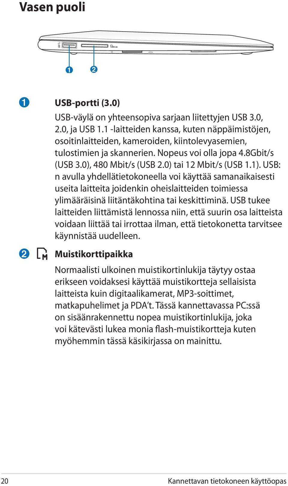 0) tai 12 Mbit/s (USB 1.1). USB: n avulla yhdellätietokoneella voi käyttää samanaikaisesti useita laitteita joidenkin oheislaitteiden toimiessa ylimääräisinä liitäntäkohtina tai keskittiminä.