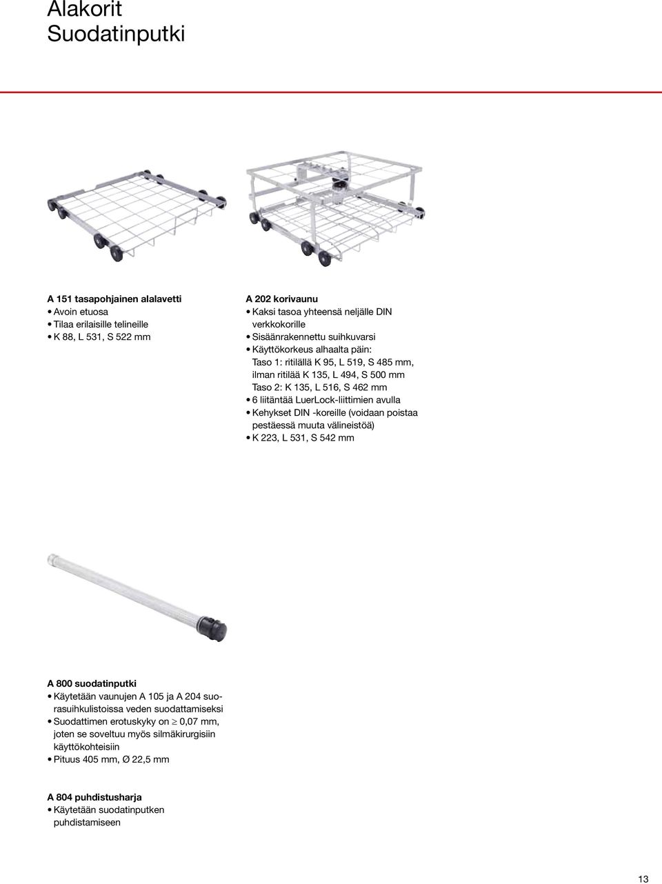 LuerLock-liittimien avulla Kehykset DIN -koreille (voidaan poistaa pestäessä muuta välineistöä) K 223, L 531, S 542 mm A 800 suodatinputki Käytetään vaunujen A 105 ja A 204