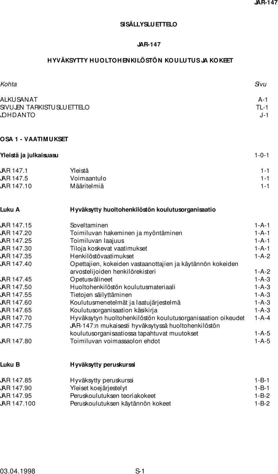 20 Toimiluvan hakeminen ja myöntäminen 1-A-1 JAR 147.25 Toimiluvan laajuus 1-A-1 JAR 147.30 Tiloja koskevat vaatimukset 1-A-1 JAR 147.35 Henkilöstövaatimukset 1-A-2 JAR 147.