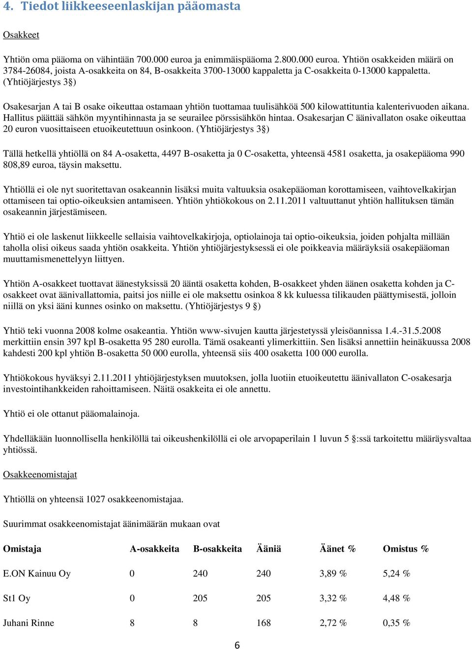 (Yhtiöjärjestys 3 ) Osakesarjan A tai B osake oikeuttaa ostamaan yhtiön tuottamaa tuulisähköä 500 kilowattituntia kalenterivuoden aikana.