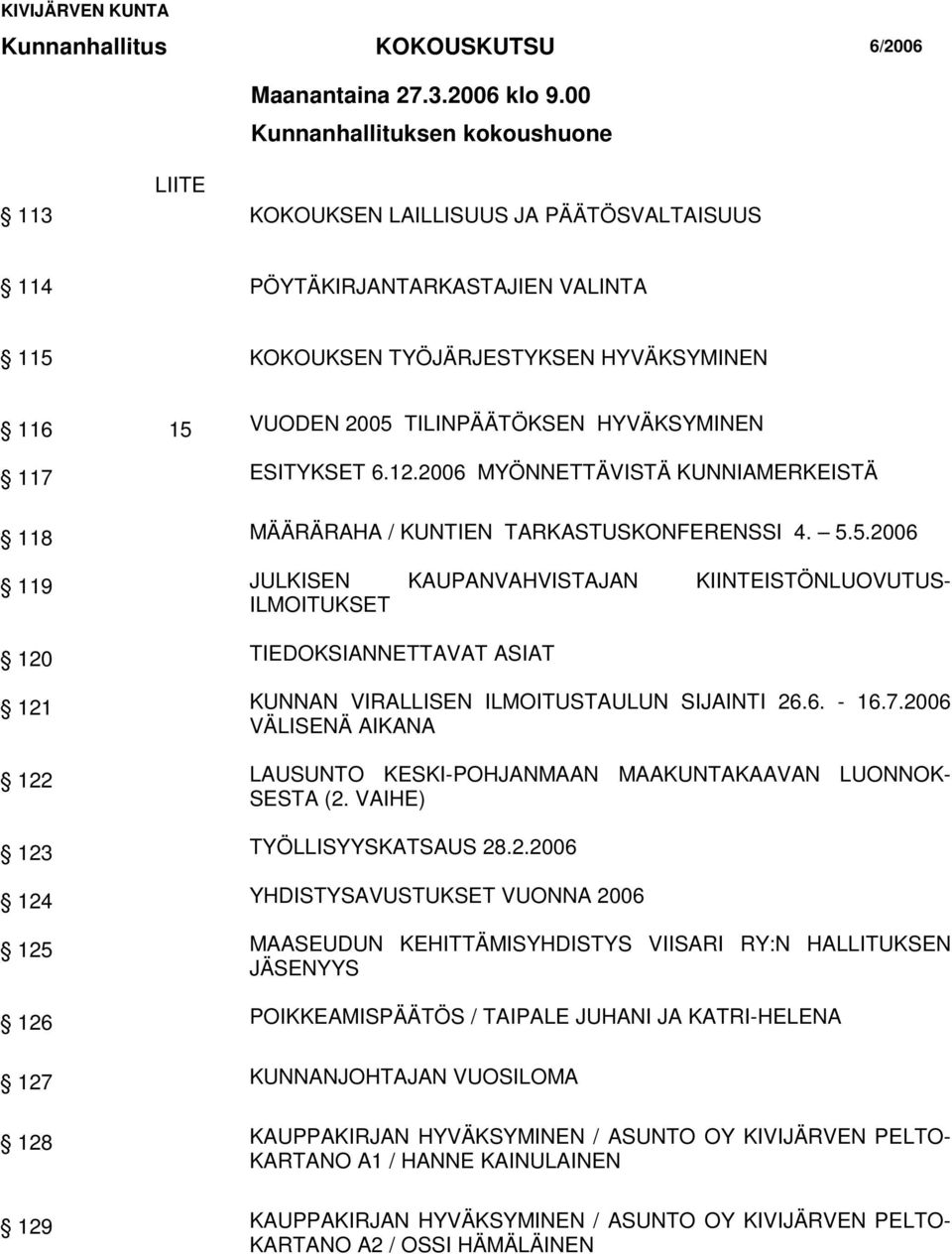 HYVÄKSYMINEN 117 ESITYKSET 6.12.2006 MYÖNNETTÄVISTÄ KUNNIAMERKEISTÄ 118 MÄÄRÄRAHA / KUNTIEN TARKASTUSKONFERENSSI 4. 5.