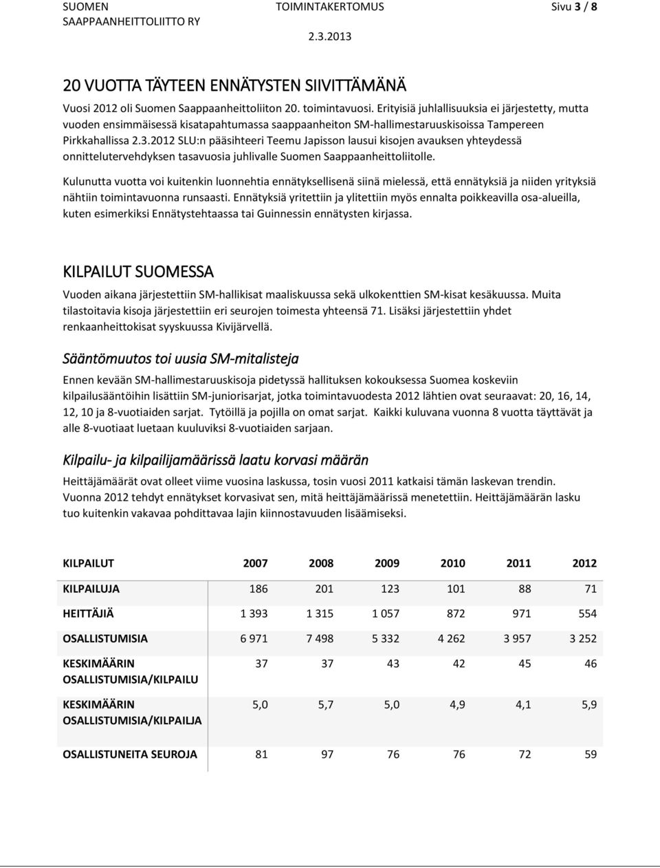 2012 SLU:n pääsihteeri Teemu Japisson lausui kisojen avauksen yhteydessä onnittelutervehdyksen tasavuosia juhlivalle Suomen Saappaanheittoliitolle.