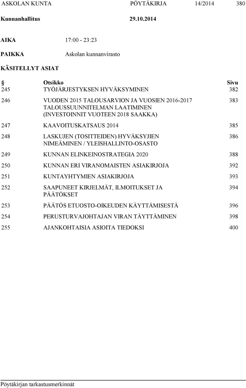 TALOUSSUUNNITELMAN LAATIMINEN (INVESTOINNIT VUOTEEN 2018 SAAKKA) 383 247 KAAVOITUSKATSAUS 2014 385 248 LASKUJEN (TOSITTEIDEN) HYVÄKSYJIEN NIMEÄMINEN / YLEISHALLINTO-OSASTO 386