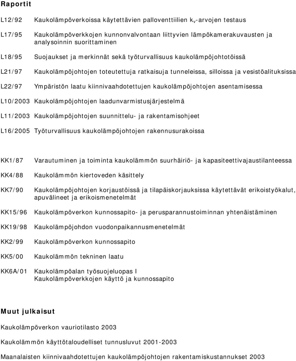 kiinnivaahdotettujen kaukolämpöjohtojen asentamisessa L10/2003 Kaukolämpöjohtojen laadunvarmistusjärjestelmä L11/2003 Kaukolämpöjohtojen suunnittelu- ja rakentamisohjeet L16/2005 Työturvallisuus