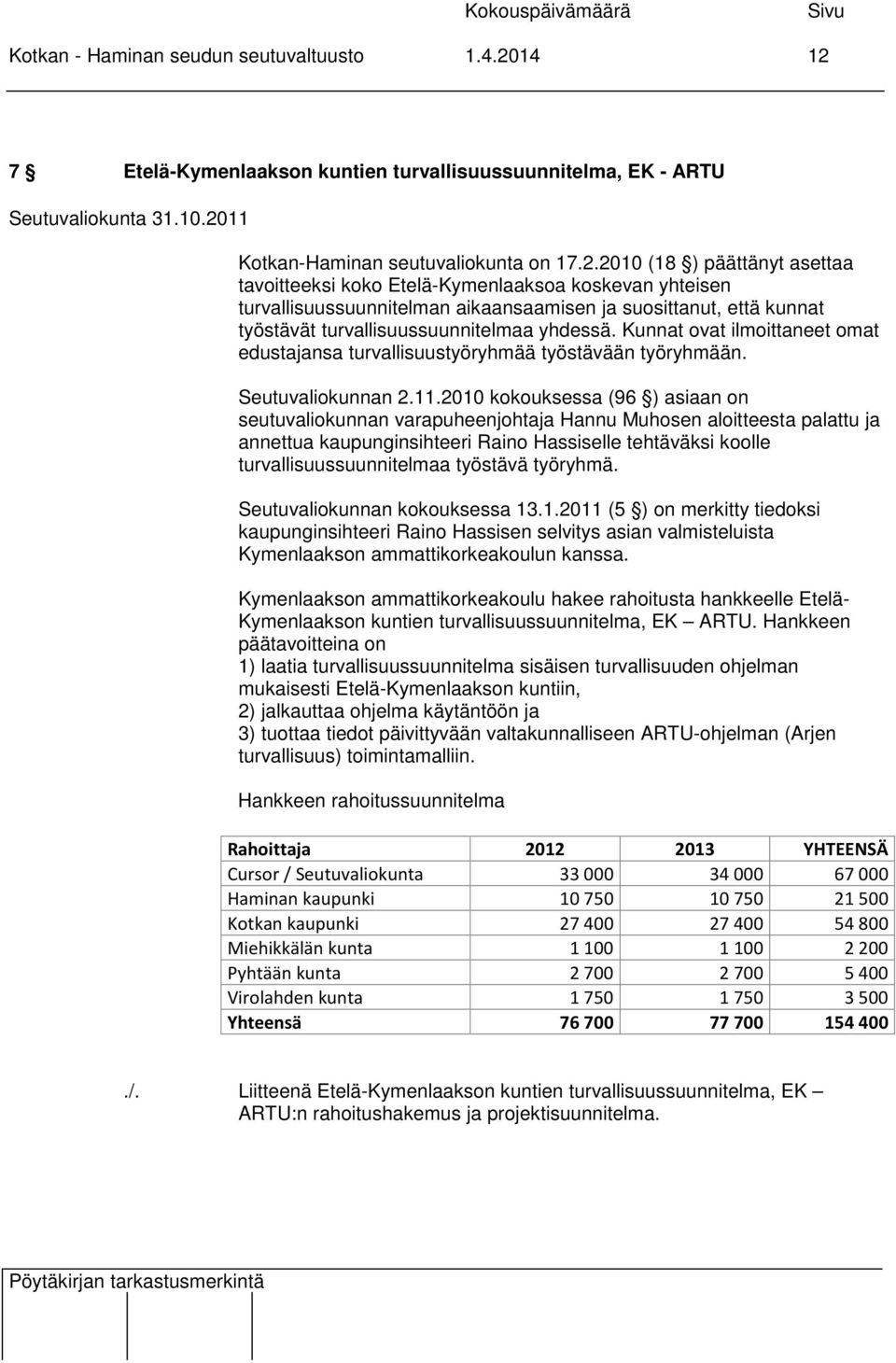 7 Etelä-Kymenlaakson kuntien turvallisuussuunnitelma, EK - ARTU Seutuvaliokunta 31.10.20