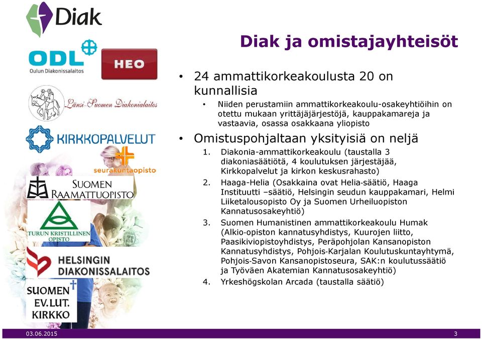 Haaga-Helia (Osakkaina ovat Helia säätiö, Haaga Instituutti säätiö, Helsingin seudun kauppakamari, Helmi Liiketalousopisto Oy ja Suomen Urheiluopiston Kannatusosakeyhtiö) 3.