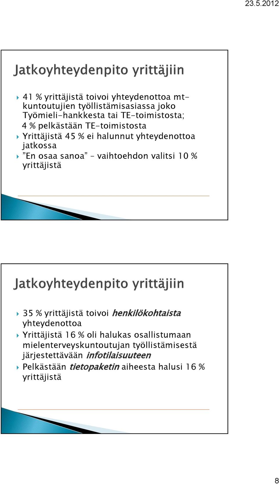 yrittäjistä 35 % yrittäjistä toivoi henkilökohtaista yhteydenottoa Yrittäjistä 16 % oli halukas osallistumaan