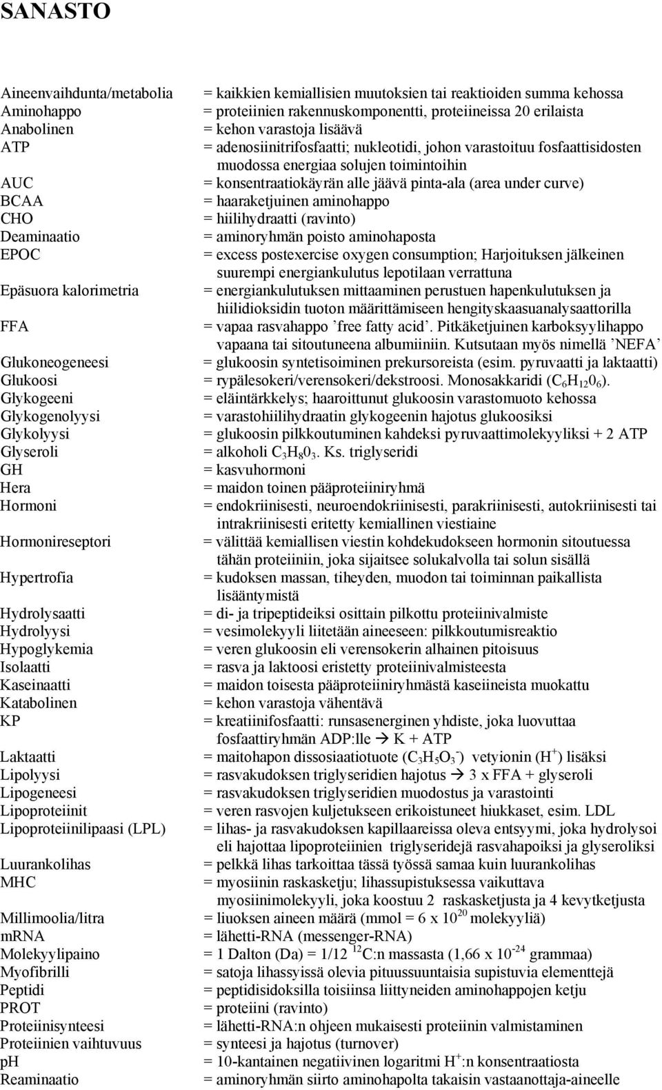 curve) BCAA = haaraketjuinen aminohappo CHO = hiilihydraatti (ravinto) Deaminaatio = aminoryhmän poisto aminohaposta EPOC = excess postexercise oxygen consumption; Harjoituksen jälkeinen suurempi