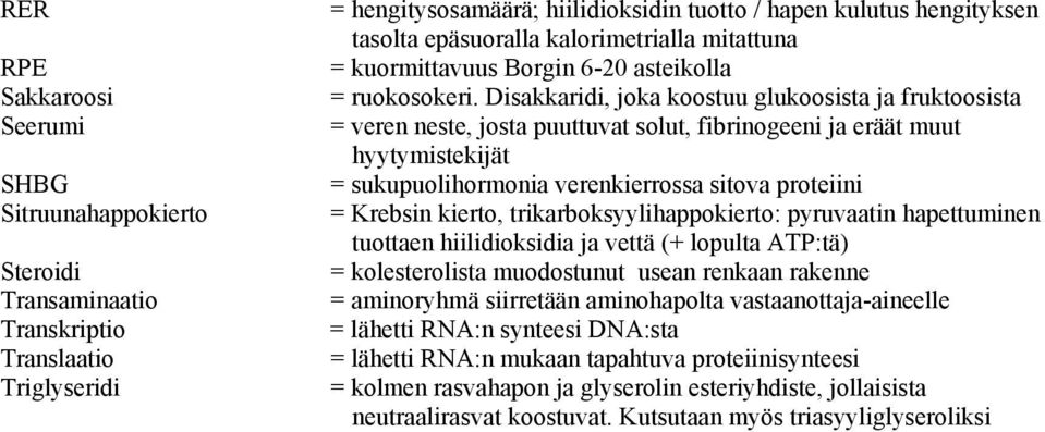 Disakkaridi, joka koostuu glukoosista ja fruktoosista = veren neste, josta puuttuvat solut, fibrinogeeni ja eräät muut hyytymistekijät = sukupuolihormonia verenkierrossa sitova proteiini = Krebsin