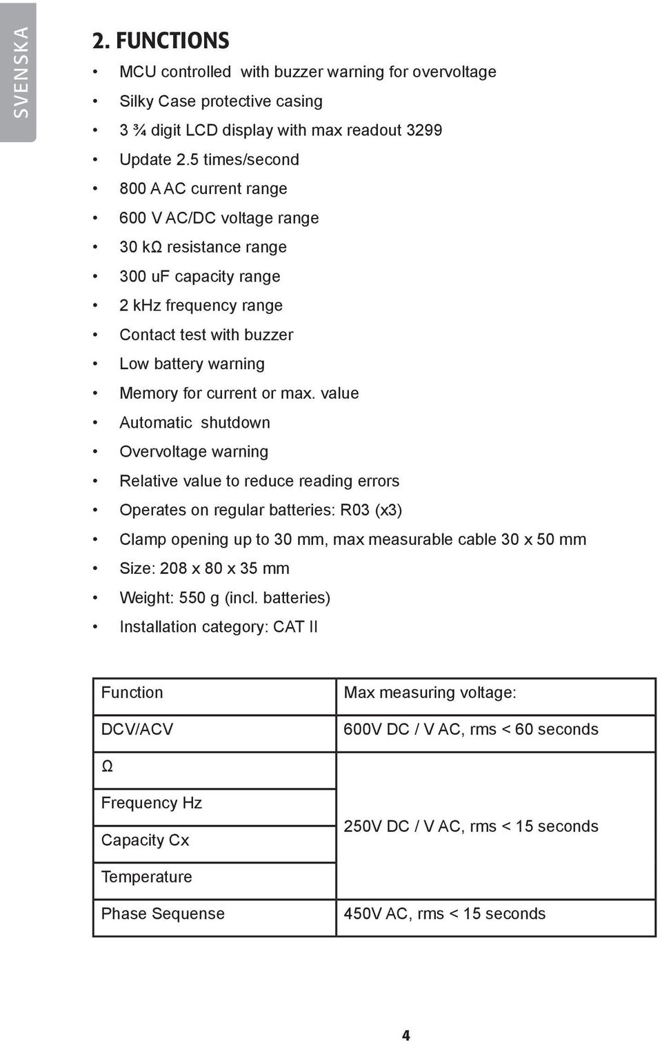 value Automatic shutdown Overvoltage warning Relative value to reduce reading errors Operates on regular batteries: R03 (x3) lamp opening up to 30 mm, max measurable cable 30 x 50 mm Size: 208 x