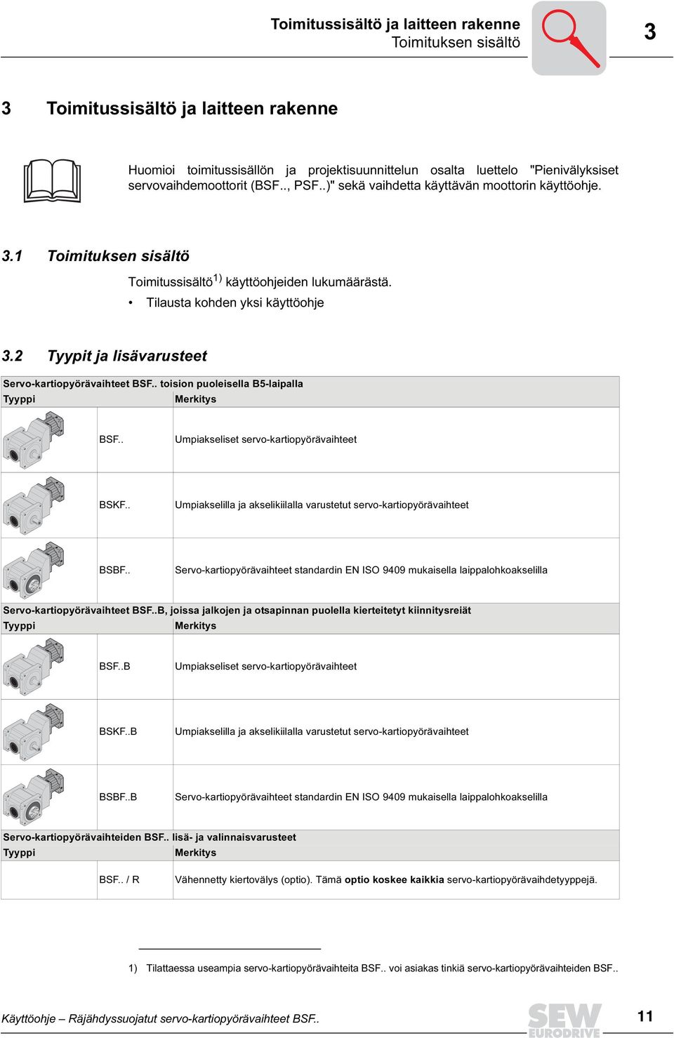 2 Tyypit ja lisävarusteet Servo-kartiopyörävaihteet BSF.. toision puoleisella B5-laipalla Tyyppi Merkitys BSF.. Umpiakseliset servo-kartiopyörävaihteet BSKF.