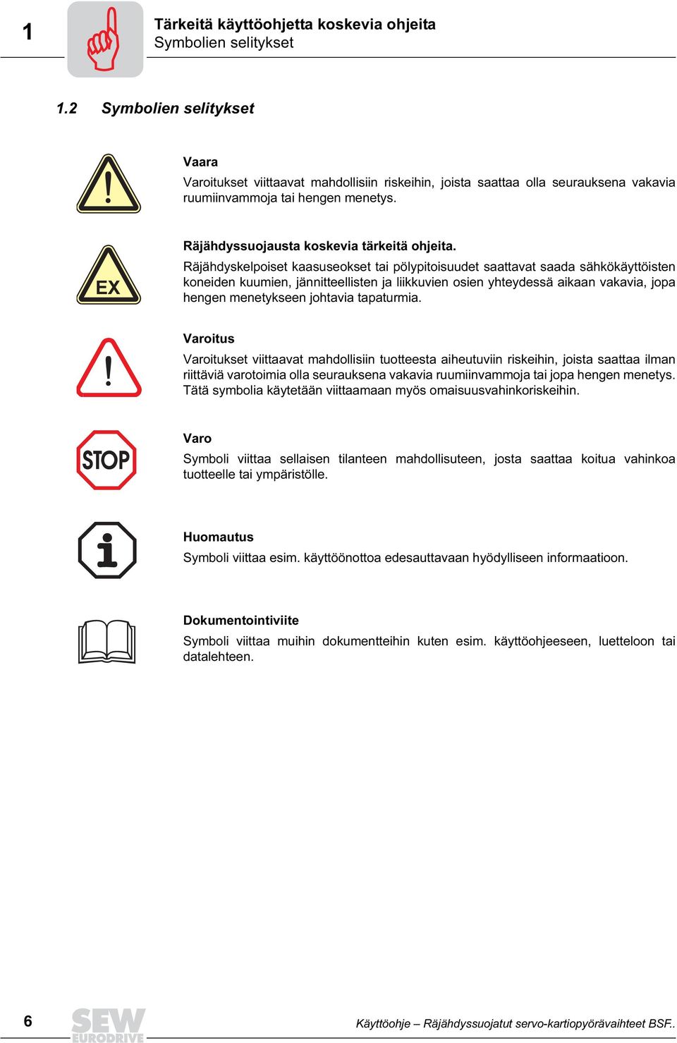 Räjähdyskelpoiset kaasuseokset tai pölypitoisuudet saattavat saada sähkökäyttöisten koneiden kuumien, jännitteellisten ja liikkuvien osien yhteydessä aikaan vakavia, jopa hengen menetykseen johtavia