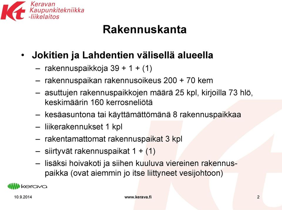 käyttämättömänä 8 rakennuspaikkaa liikerakennukset 1 kpl rakentamattomat rakennuspaikat 3 kpl siirtyvät rakennuspaikat 1