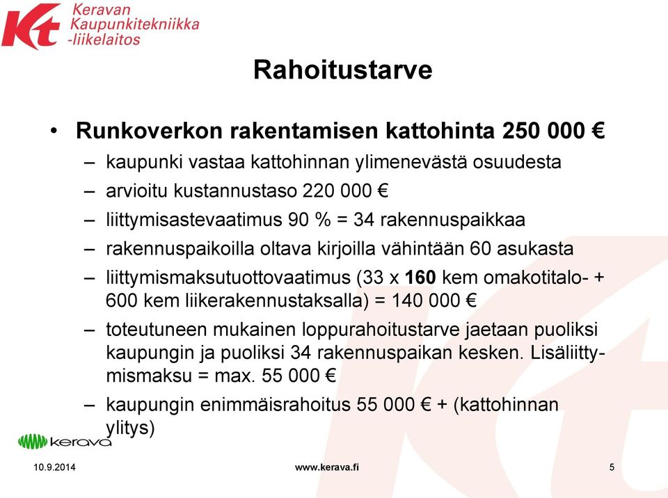 (33 x 160 kem omakotitalo- + 600 kem liikerakennustaksalla) = 140 000 toteutuneen mukainen loppurahoitustarve jaetaan puoliksi kaupungin