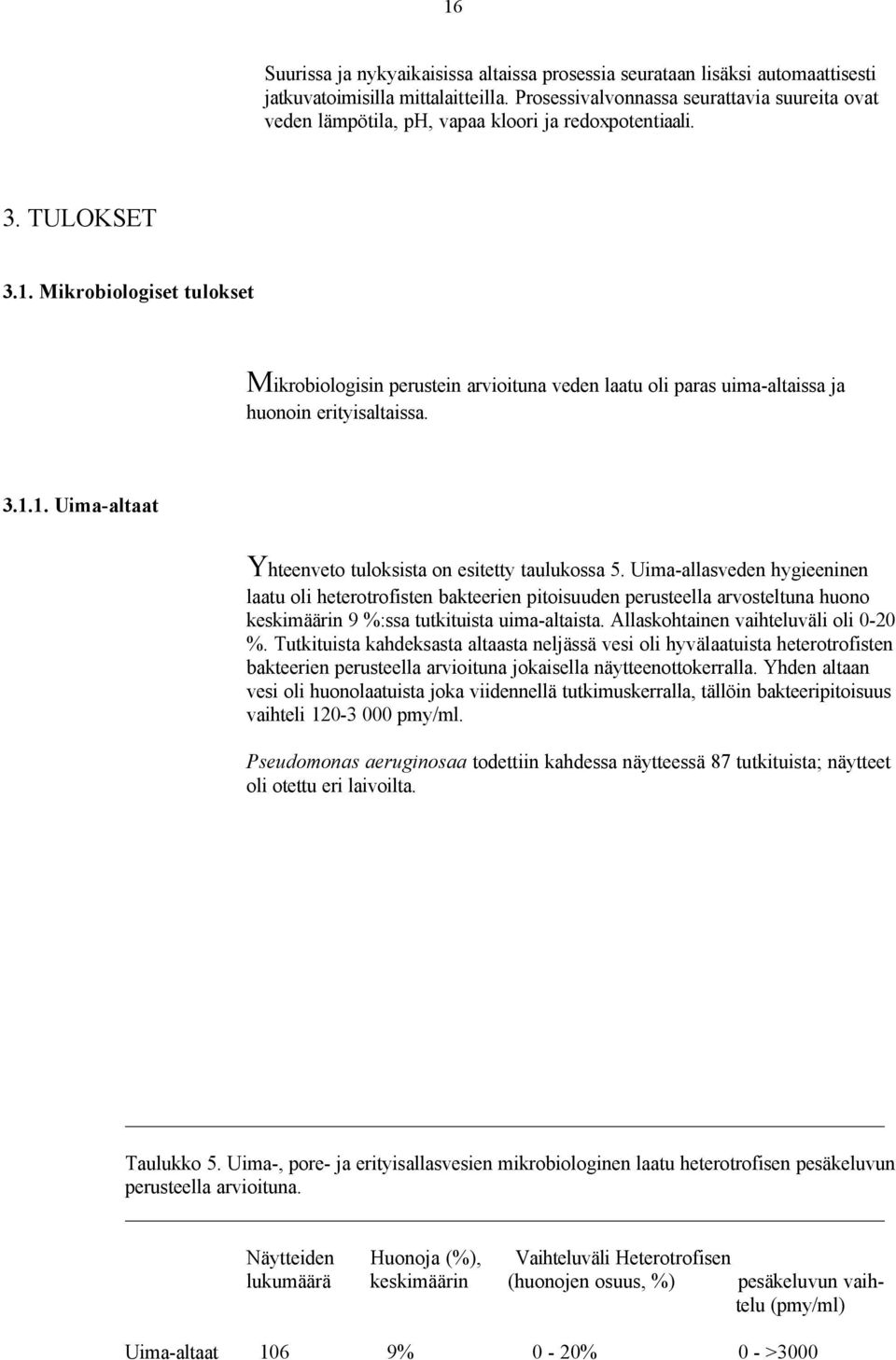 Mikrobiologiset tulokset Mikrobiologisin perustein arvioituna veden laatu oli paras uima-altaissa ja huonoin erityisaltaissa. 3.1.1. Uima-altaat Yhteenveto tuloksista on esitetty taulukossa 5.