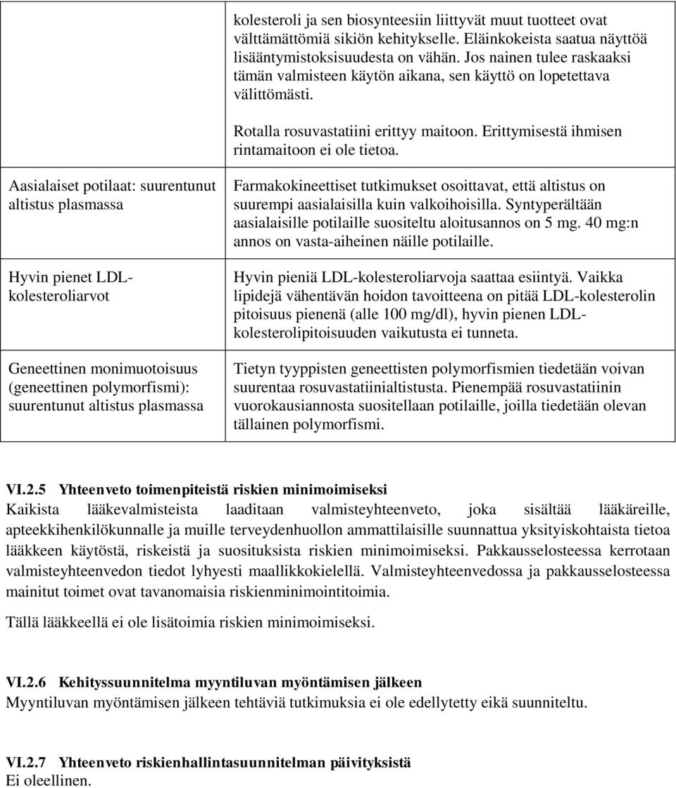 Aasialaiset potilaat: suurentunut altistus plasmassa Hyvin pienet LDLkolesteroliarvot Geneettinen monimuotoisuus (geneettinen polymorfismi): suurentunut altistus plasmassa Farmakokineettiset