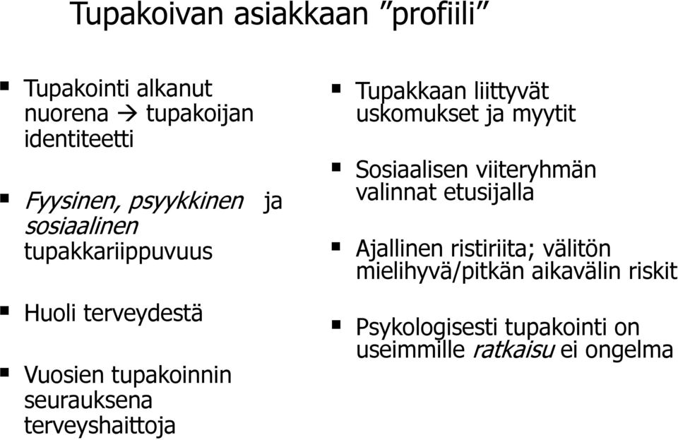 Tupakkaan liittyvät uskomukset ja myytit Sosiaalisen viiteryhmän valinnat etusijalla Ajallinen