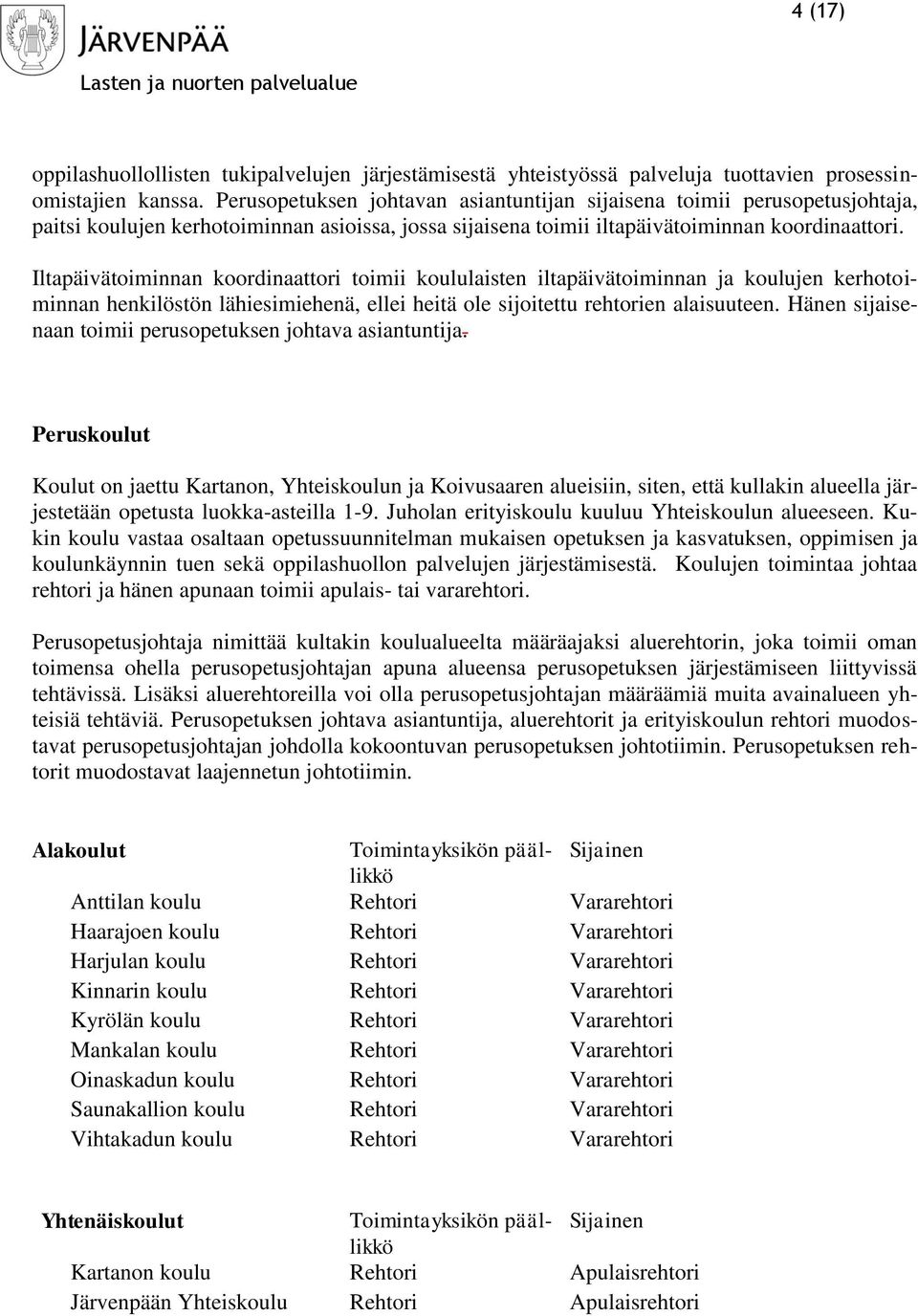 Iltapäivätoiminnan koordinaattori toimii koululaisten iltapäivätoiminnan ja koulujen kerhotoiminnan henkilöstön lähiesimiehenä, ellei heitä ole sijoitettu rehtorien alaisuuteen.