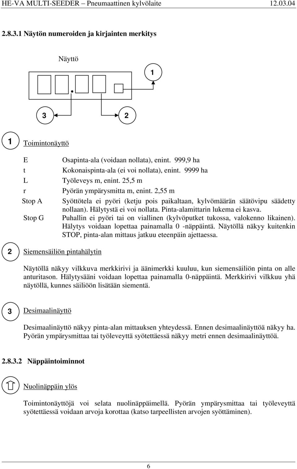 Pinta-alamittarin lukema ei kasva. Puhallin ei pyöri tai on viallinen (kylvöputket tukossa, valokenno likainen). Hälytys voidaan lopettaa painamalla 0 -näppäintä.