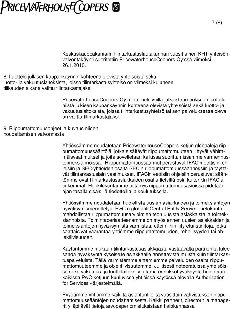 Riippumattomuusohjeet ja kuvaus niiden noudattamisen valvonnasta PricewaterhouseCoopers Oy:n internetsivuilla julkaistaan erikseen luettelo niistä julkisen kaupankäynnin kohteena olevista yhteisöistä