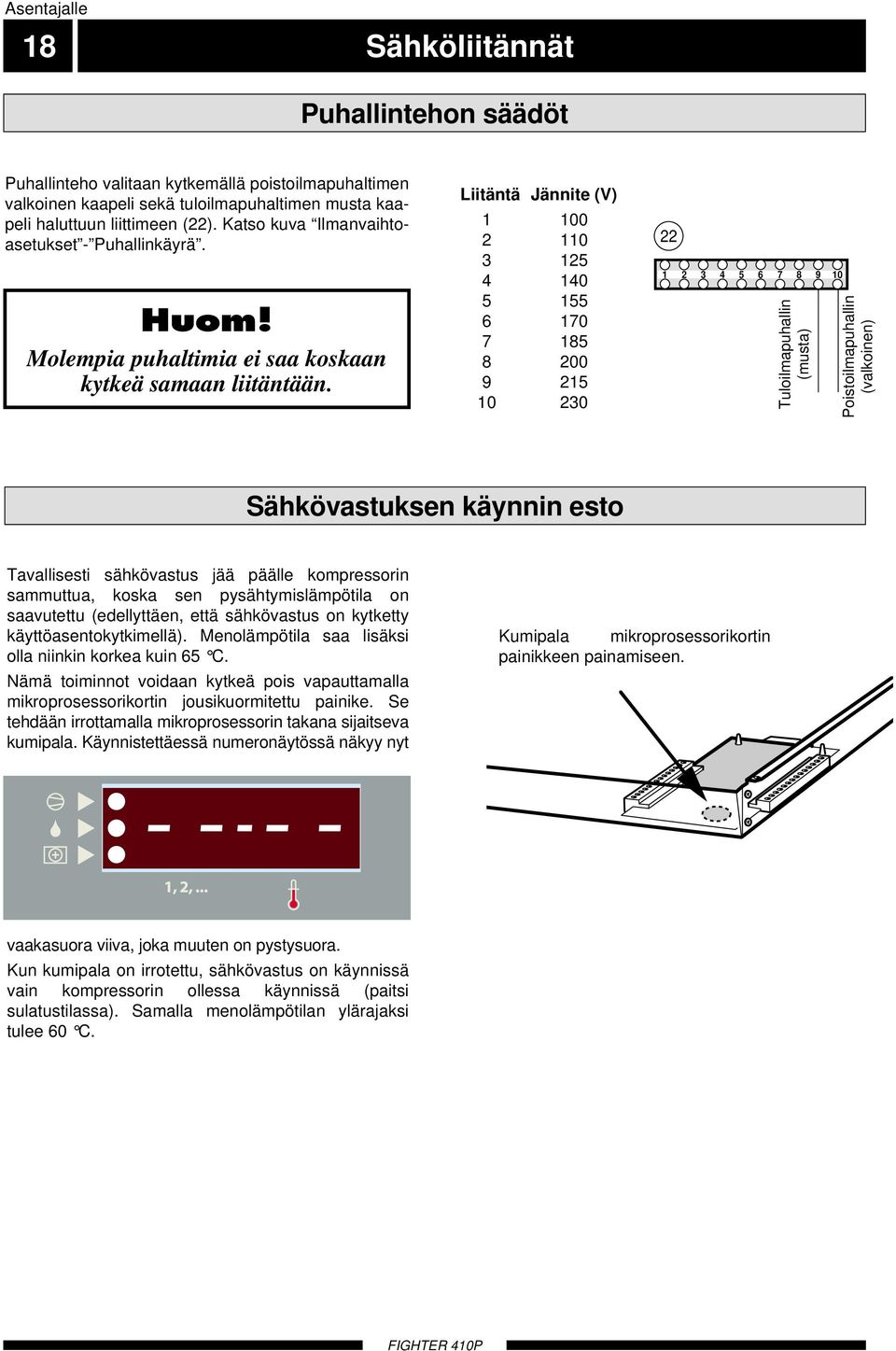 Liitäntä Jännite (V) 1 100 2 110 3 125 4 140 5 155 6 170 7 185 8 200 9 215 10 230 22 1 2 3 4 5 6 7 8 9 10 Tuloilmapuhallin Tilluftsfläkt (musta) (svart) Poistoilmapuhallin Frånluftsfläkt (vit)