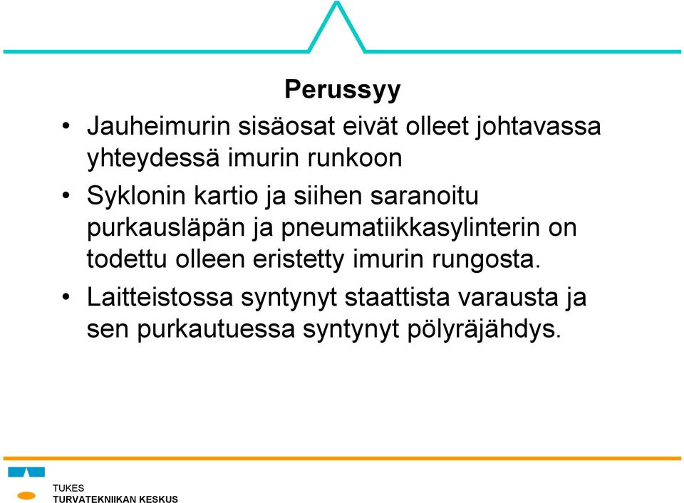 pneumatiikkasylinterin on todettu olleen eristetty imurin rungosta.