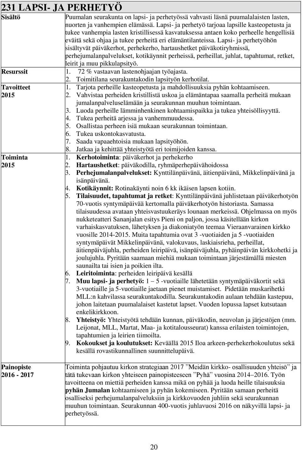 Lapsi- ja perhetyöhön sisältyvät päiväkerhot, perhekerho, hartaushetket päiväkotiryhmissä, perhejumalanpalvelukset, kotikäynnit perheissä, perheillat, juhlat, tapahtumat, retket, leirit ja muu