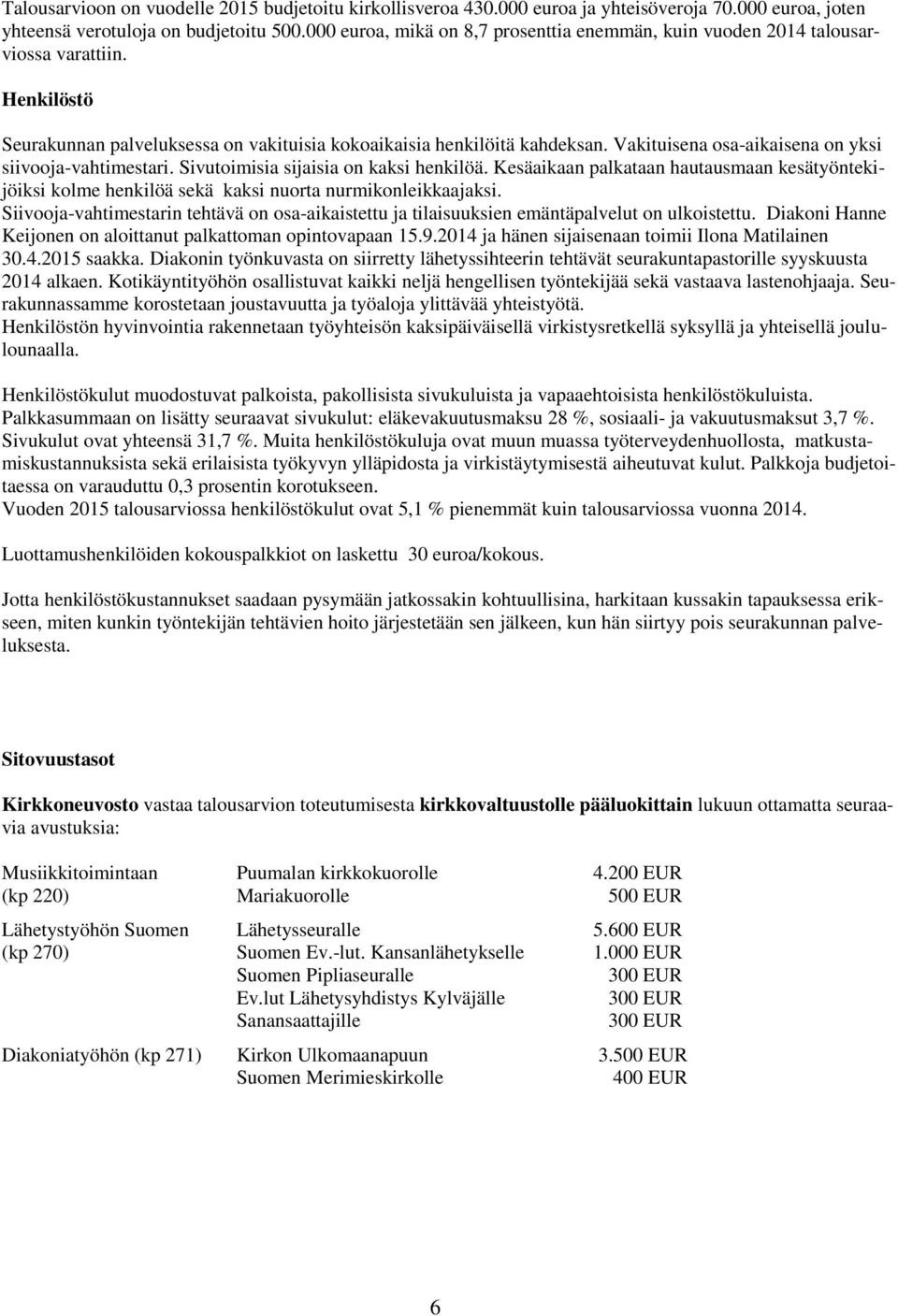 Vakituisena osa-aikaisena on yksi siivooja-vahtimestari. Sivutoimisia sijaisia on kaksi henkilöä.