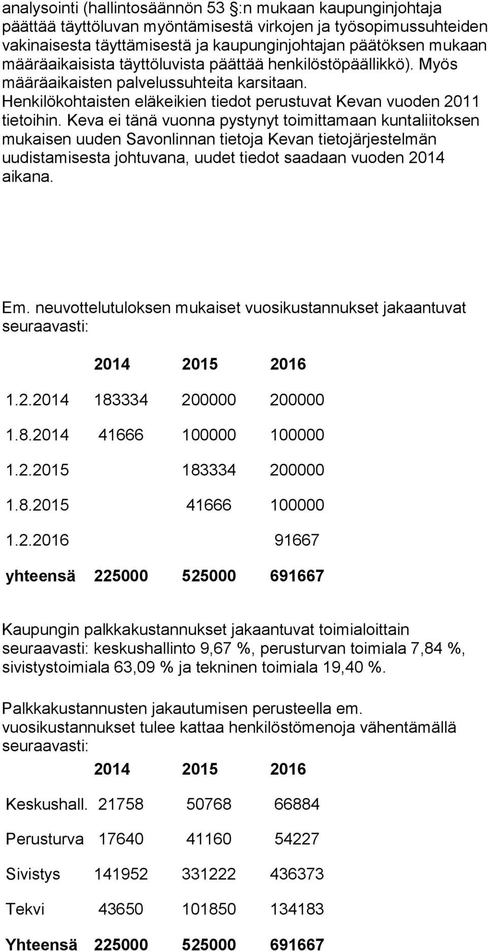 Keva ei tänä vuonna pystynyt toimittamaan kuntaliitoksen mukaisen uuden Savonlinnan tietoja Kevan tietojärjestelmän uudistamisesta johtuvana, uudet tiedot saadaan vuoden 2014 aikana. Em.